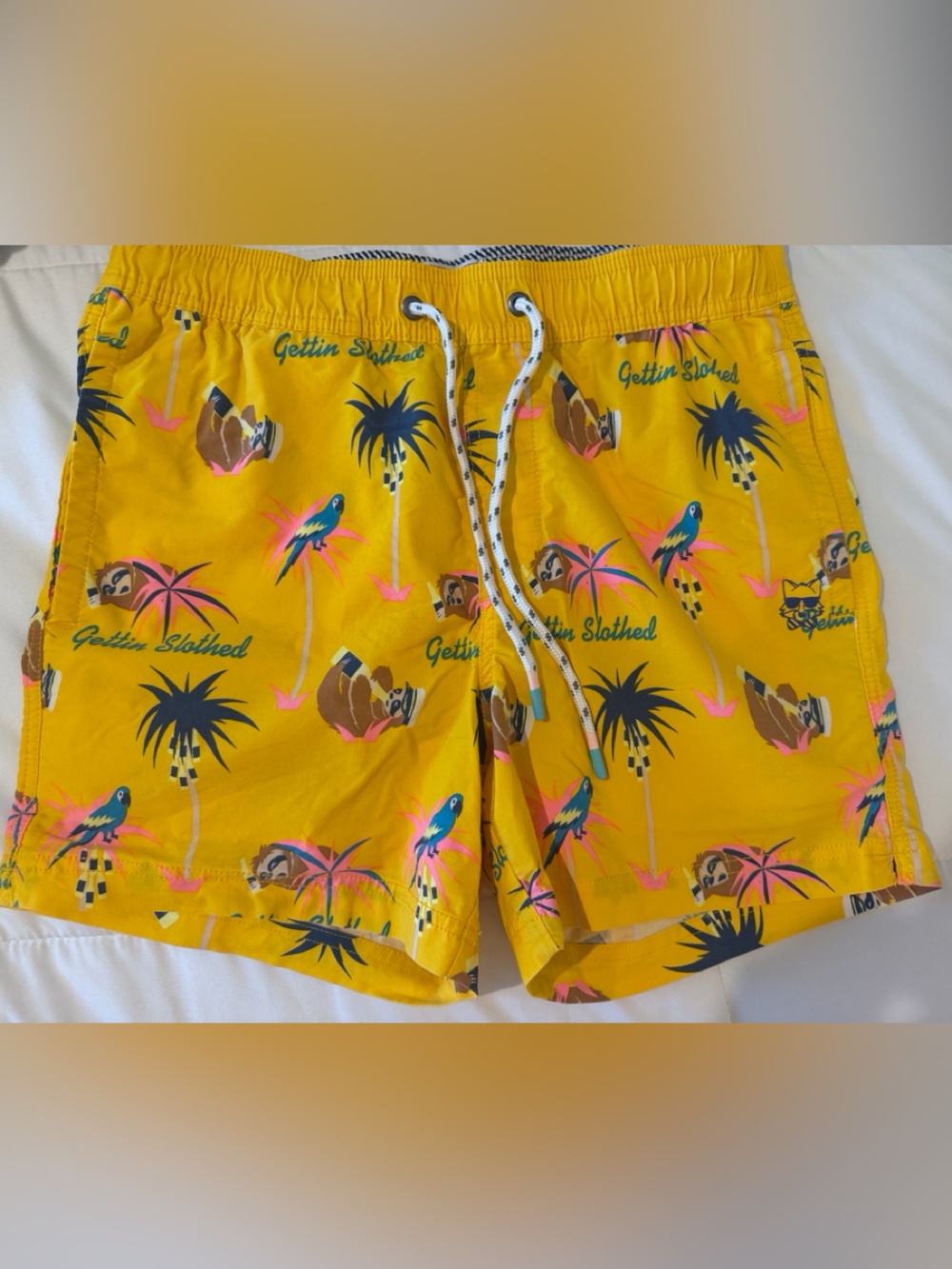Men's Yellow Tropical Print Swim Trunks with Drawstring